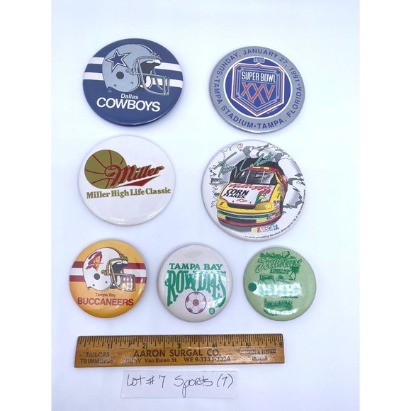 Pin Back Buttons Sport theme buttons Buccaneers Cowboy Rowdies Lot of 7 - Picture 1 of 5